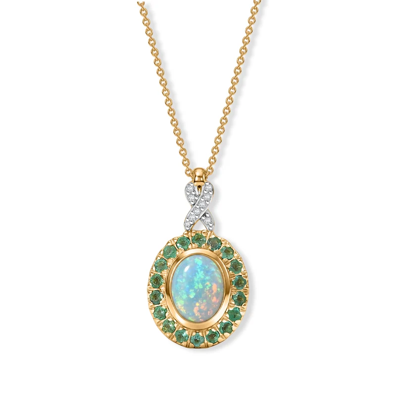 D'Joy AAA Natürlicher, äthiopischer Welo Opal, Moissanit Anhänger mit Kette, ca. 50 cm 925 Silber 585 Vergoldet ca. 2.32 ct