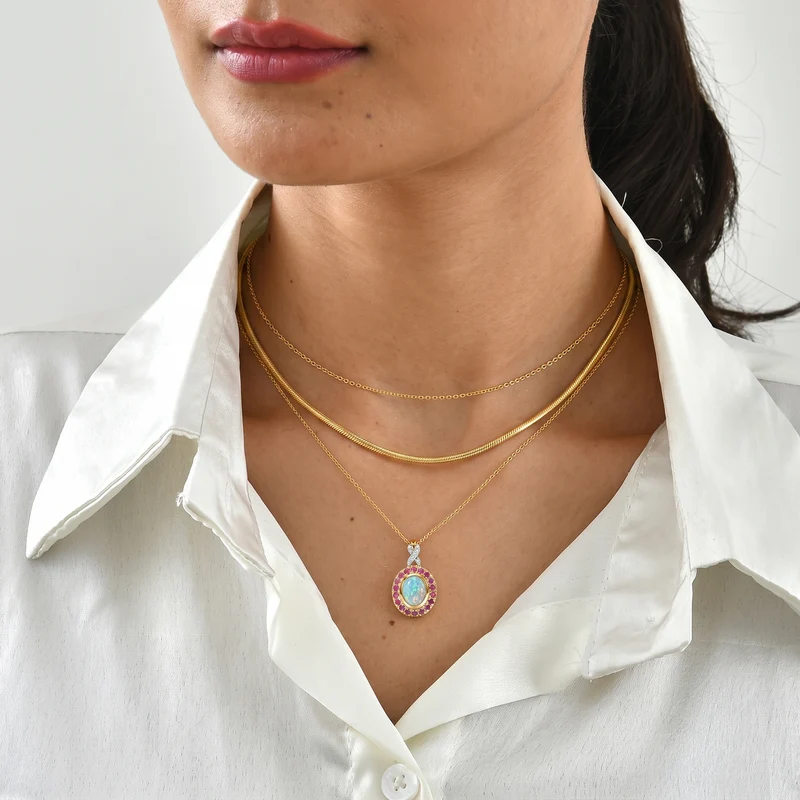D'Joy AAA Natürlicher, äthiopischer Welo Opal, Moissanit Anhänger mit Kette, ca. 50 cm 925 Silber 585 Vergoldet ca. 2.32 ct