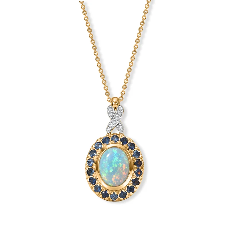D'Joy AAA Natürlicher, äthiopischer Welo Opal, Moissanit Anhänger mit Kette, ca. 50 cm 925 Silber 585 Vergoldet ca. 2.32 ct