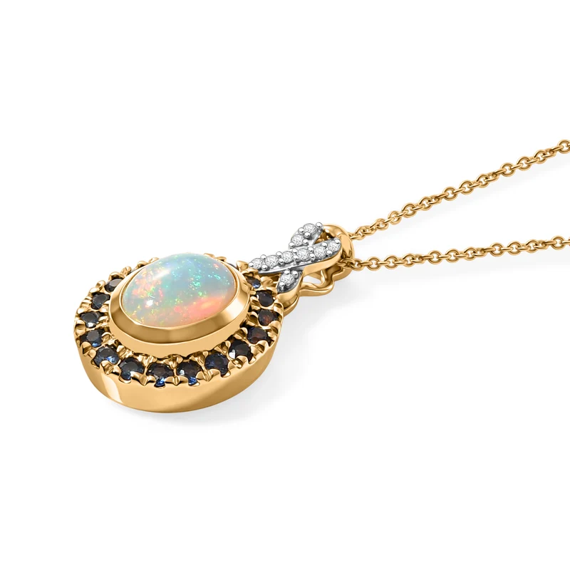 D'Joy AAA Natürlicher, äthiopischer Welo Opal, Moissanit Anhänger mit Kette, ca. 50 cm 925 Silber 585 Vergoldet ca. 2.32 ct
