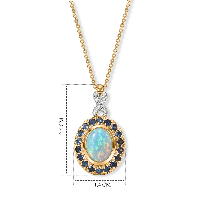 D'Joy AAA Natürlicher, äthiopischer Welo Opal, Moissanit Anhänger mit Kette, ca. 50 cm 925 Silber 585 Vergoldet ca. 2.32 ct