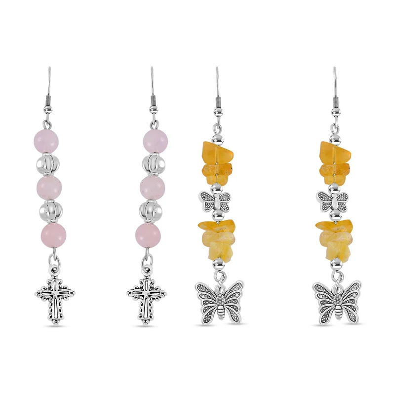 Rosenquarz, Gelber Opal Schmuckset Reiner Edelstahl Schwarz oxidiert und Legierung Schwarz oxidiert ca. 75.00 ct