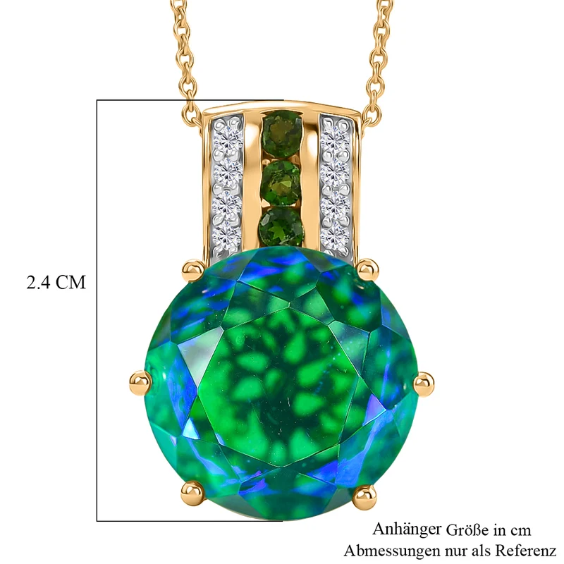D'Joy Pfau Quarz Triplette, Natürlicher Chromdiopsid Anhänger mit Kette, ca. 50 cm 925 Silber 750 Gelbgold vermeil ca. 10,74 ct.