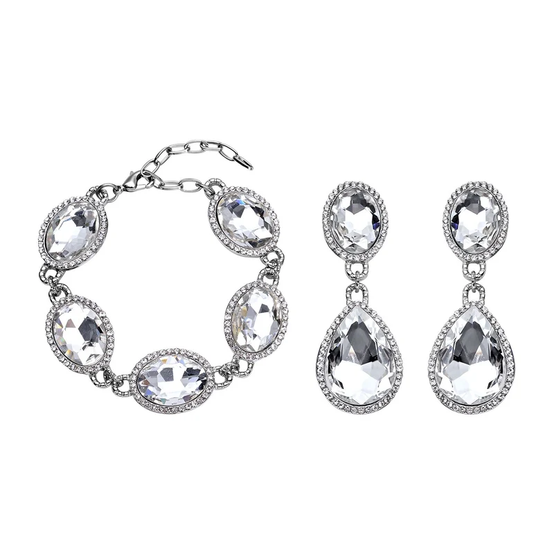 2er Set, Weißes Glaskristall Armband und Ohrringe, silberfarben 132.80 ct