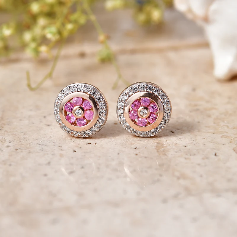 D'Joy Rosa Saphir und Zirkon Ohrringe, 925 Silber 750 Roségold Vermeil - 0,79 ct.