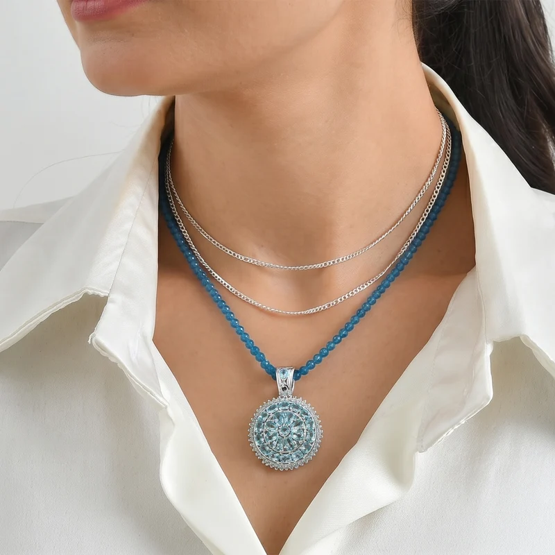 D'Joy Neon Apatit, Blauer Apatit Schmuckset ca. 50 cm 925 Silber Rhodiniert ca. 106,38 ct.