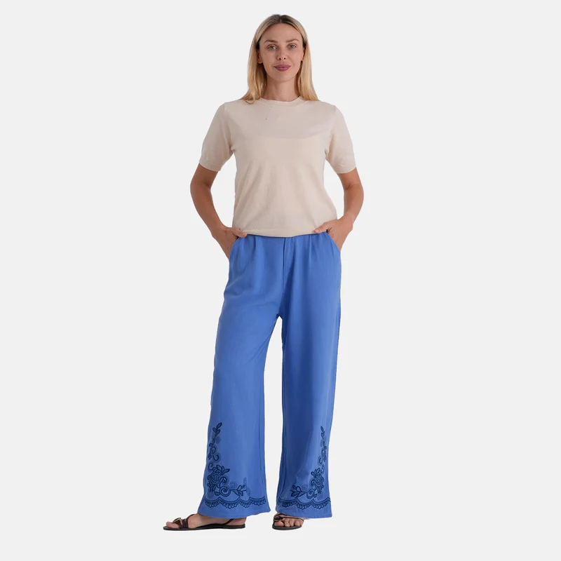 LA MAREY Leinenhose mit Stickerei, 70% Leinen und 30% Baumwolle, EU 40/42, Größe L, Dunkelblau