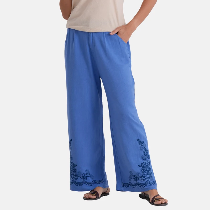 LA MAREY Leinenhose mit Stickerei, 70% Leinen und 30% Baumwolle, EU 40/42, Größe L, Dunkelblau
