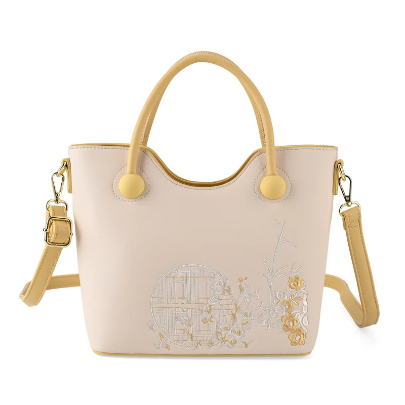 Kunstleder-Handtasche mit Tragegriffen und Umhängeriemen, florales Detail, Reißverschlussfächer, 30x22x11 cm, Gelb/Creme