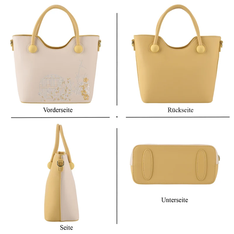 Kunstleder-Handtasche mit Tragegriffen und Umhängeriemen, florales Detail, Reißverschlussfächer, 30x22x11 cm, Gelb/Creme