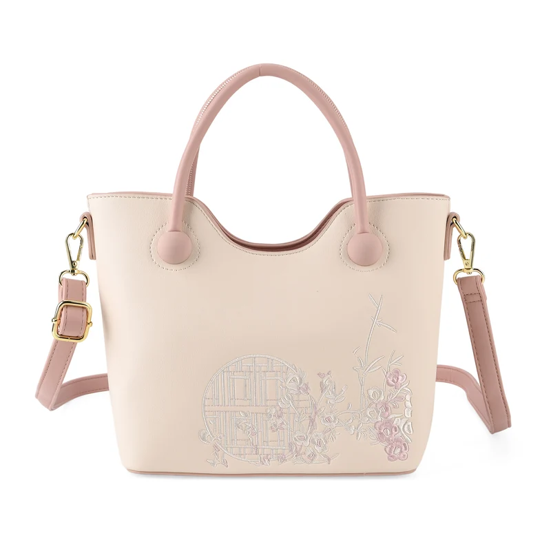 Kunstleder-Handtasche mit Tragegriffen und Umhängeriemen, florales Detail, Reißverschlussfächer, 30x22x11 cm, Gelb/Creme