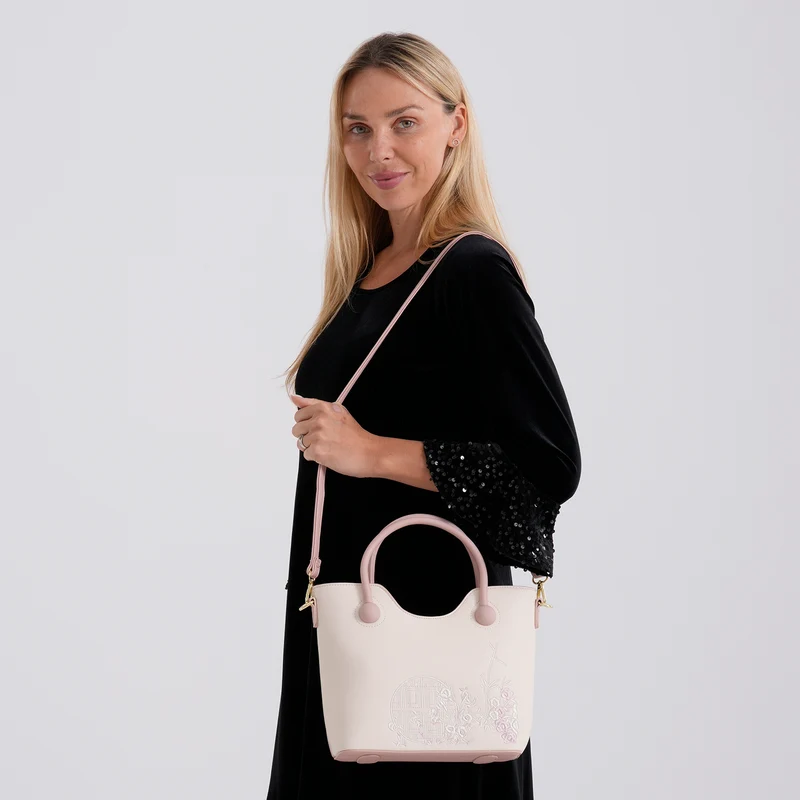 Kunstleder-Handtasche mit Tragegriffen und Umhängeriemen, florales Detail, Reißverschlussfächer, 30x22x11 cm, Gelb/Creme