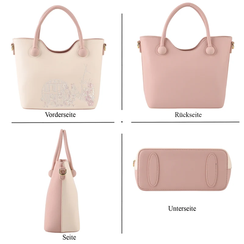 Kunstleder-Handtasche mit Tragegriffen und Umhängeriemen, florales Detail, Reißverschlussfächer, 30x22x11 cm, Gelb/Creme