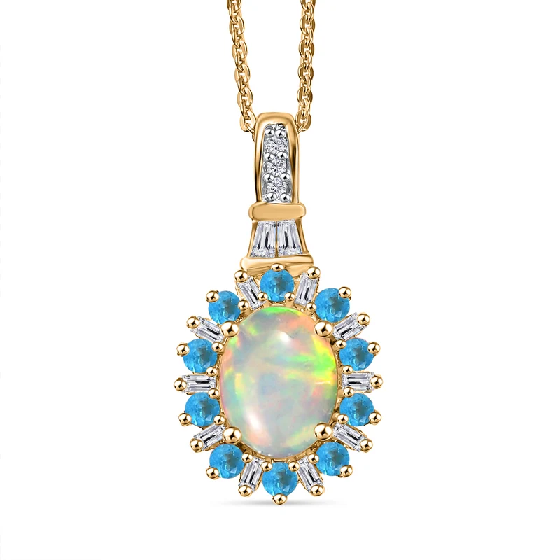 AA natürlicher, äthiopischer Welo Opal, Neon Apatit und Moissanit Anhänger mit 50cm Kette, 925 Silber 750 Gelbgold Vermeil - 1.86 ct