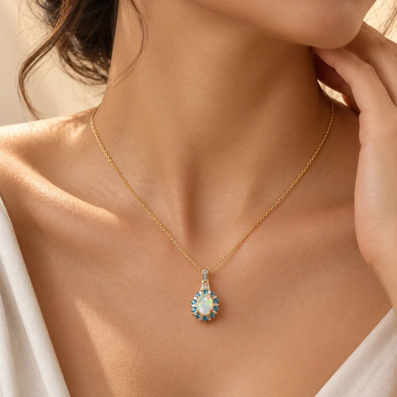 AA natürlicher, äthiopischer Welo Opal, Neon Apatit und Moissanit Anhänger mit 50cm Kette, 925 Silber 750 Gelbgold Vermeil - 1.86 ct