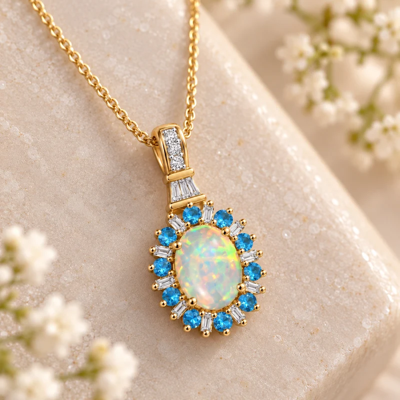 AA natürlicher, äthiopischer Welo Opal, Neon Apatit und Moissanit Anhänger mit 50cm Kette, 925 Silber 750 Gelbgold Vermeil - 1.86 ct