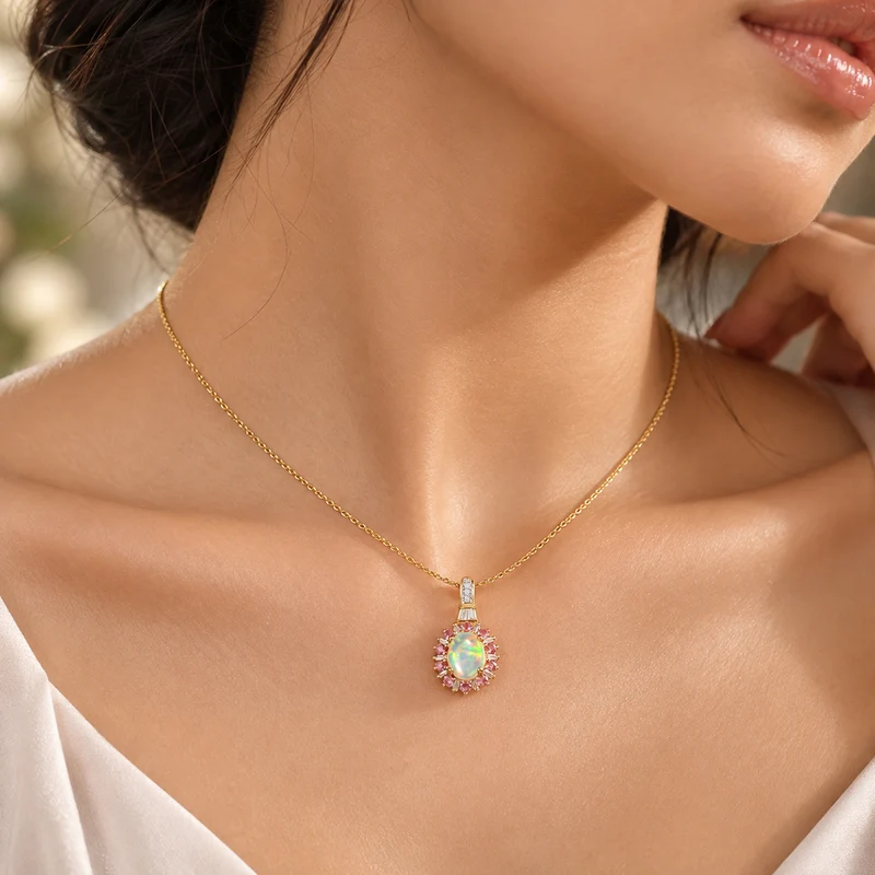 AA natürlicher, äthiopischer Welo Opal, Neon Apatit und Moissanit Anhänger mit 50cm Kette, 925 Silber 750 Gelbgold Vermeil - 1.86 ct