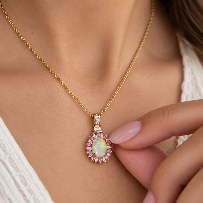 AA natürlicher, äthiopischer Welo Opal, Neon Apatit und Moissanit Anhänger mit 50cm Kette, 925 Silber 750 Gelbgold Vermeil - 1.86 ct