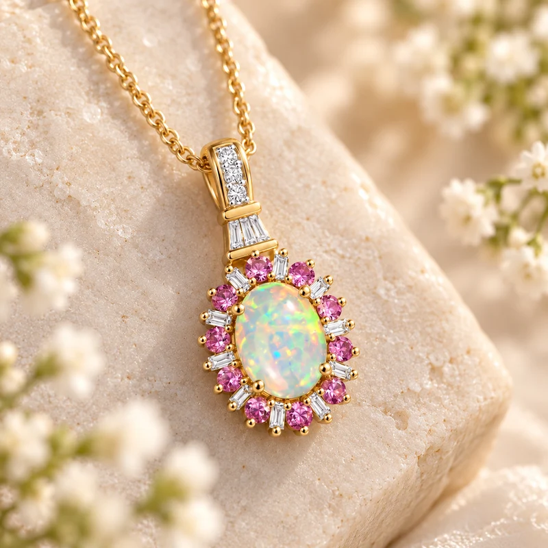 AA natürlicher, äthiopischer Welo Opal, Neon Apatit und Moissanit Anhänger mit 50cm Kette, 925 Silber 750 Gelbgold Vermeil - 1.86 ct