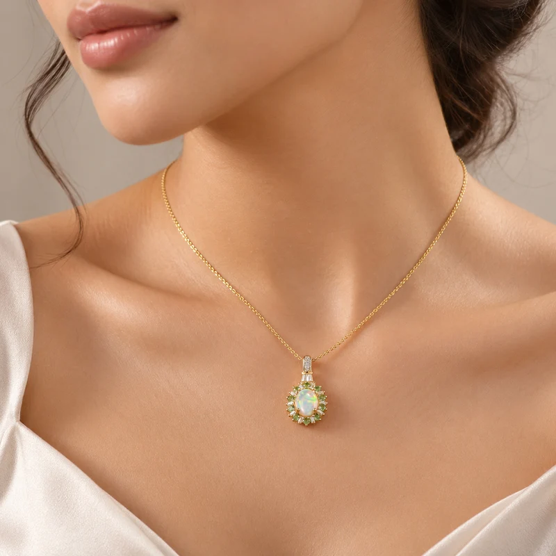 AA natürlicher, äthiopischer Welo Opal, Neon Apatit und Moissanit Anhänger mit 50cm Kette, 925 Silber 750 Gelbgold Vermeil - 1.86 ct