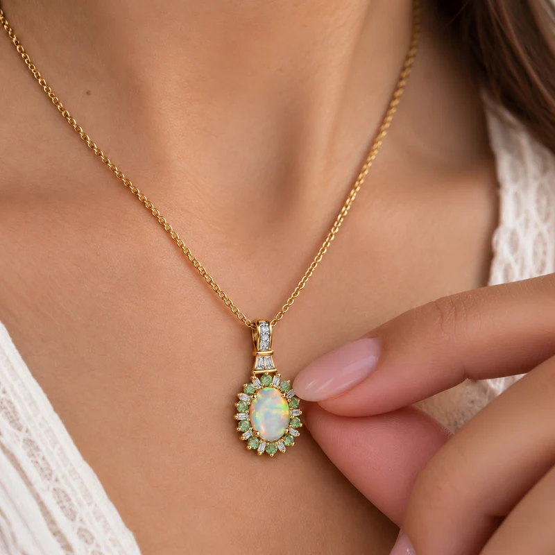 AA natürlicher, äthiopischer Welo Opal, Neon Apatit und Moissanit Anhänger mit 50cm Kette, 925 Silber 750 Gelbgold Vermeil - 1.86 ct