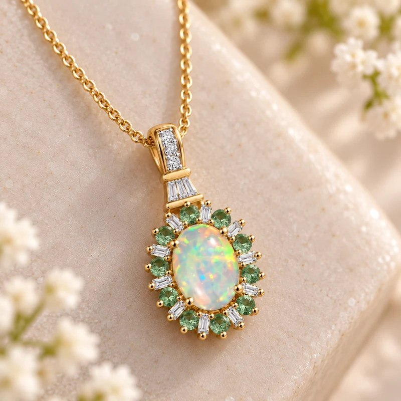 AA natürlicher, äthiopischer Welo Opal, Neon Apatit und Moissanit Anhänger mit 50cm Kette, 925 Silber 750 Gelbgold Vermeil - 1.86 ct