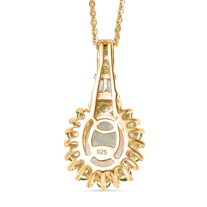 AA natürlicher, äthiopischer Welo Opal, Neon Apatit und Moissanit Anhänger mit 50cm Kette, 925 Silber 750 Gelbgold Vermeil - 1.86 ct
