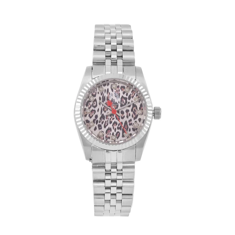 William Hunt Moissanit-Uhr - Bicolor Edelstahlarmband mit Ronda 763 Swiss Movement und gelbem Leoparden-Zifferblatt