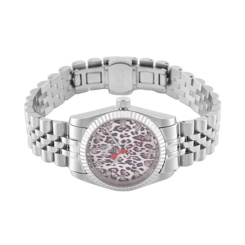 William Hunt Moissanit-Uhr - Bicolor Edelstahlarmband mit Ronda 763 Swiss Movement und gelbem Leoparden-Zifferblatt