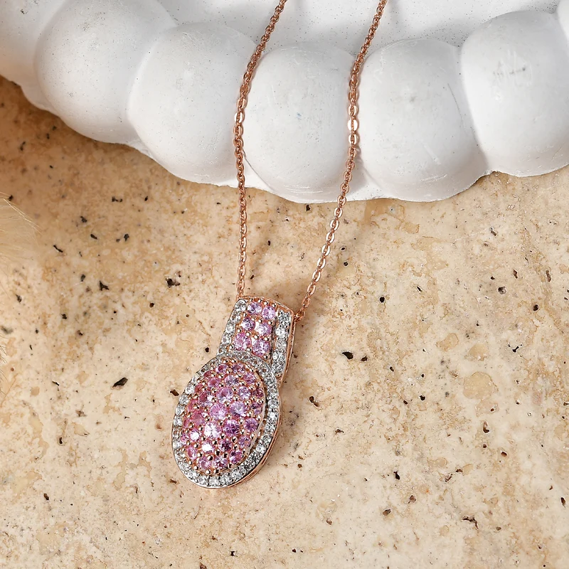 D'Joy Rosa Saphir und Zirkon Anhänger mit 50cm Kette, 925 Silber 750 Roségold Vermeil - 1,51 ct.