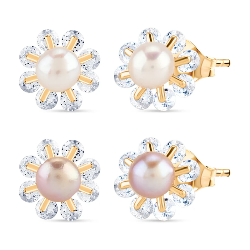 2er Set - Lila Süßwasser Perle, Weiße Süßwasser Perle Ohrringe, Nickelfreies Messing, Goldfarben