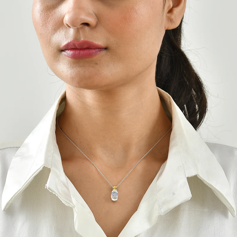 D'Joy Regenbogen Mondstein Anhänger mit Kette, ca. 50 cm 925 Silber Gold, 925 Silber Platiniert und vergoldet ca. 2.17 ct