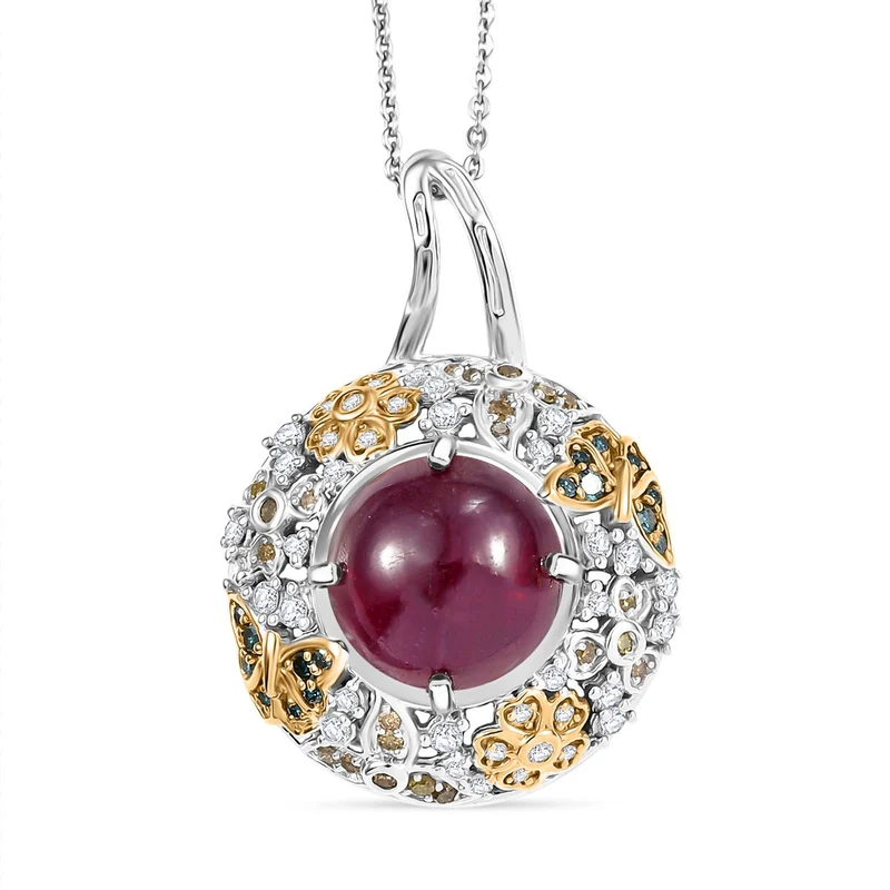 GP Italienischer Garten Kollektion - AA Afrikanischer Rubin (Fissure gefüllt), mehrfarbiger Diamanten Anhänger mit Kette ca. 45 cm, 925 Silber rhodiniert, 925 Silber Rhodiniert und 750 Gelbgold Vermeil ca. 9.71 ct