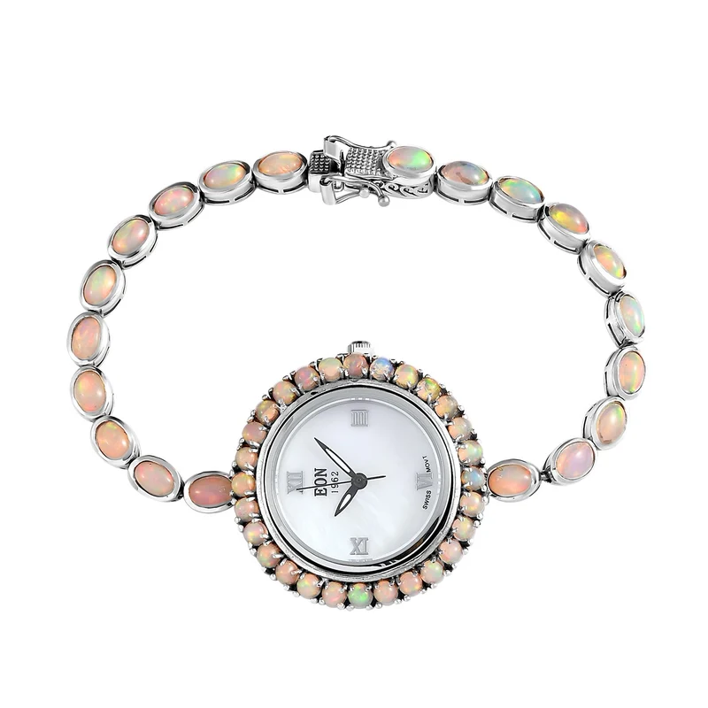 EON 1962 schweizer Uhrwerk - Natürliche, äthiopische Welo Opal Uhr, 19 cm, 925 Silber platiniert ca. 8.12 ct