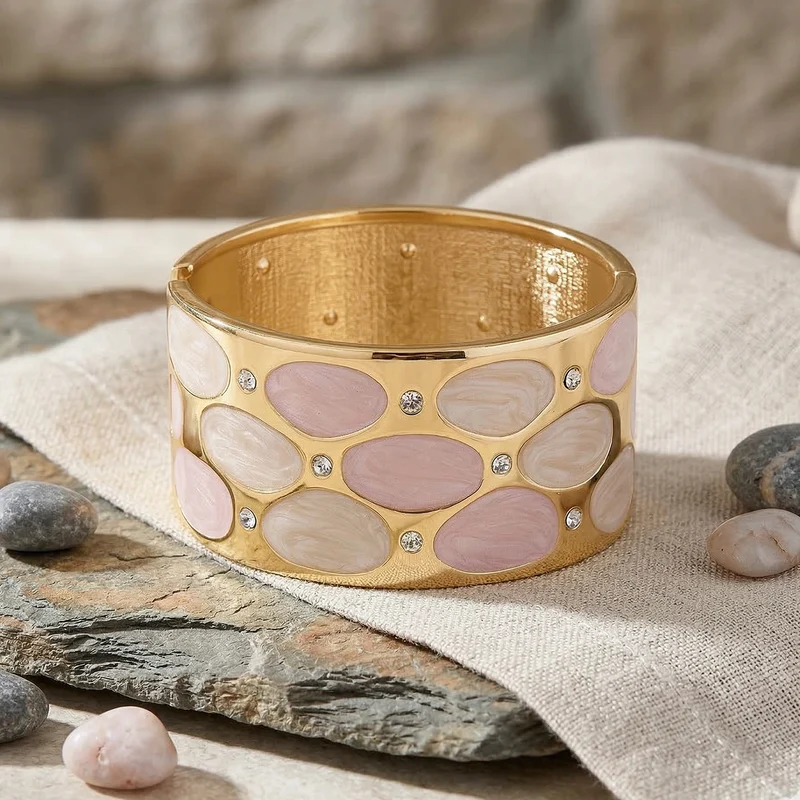Emaille-Armreif mit weißen Kristallen, Legierung, Rosa-Creme, 17cm