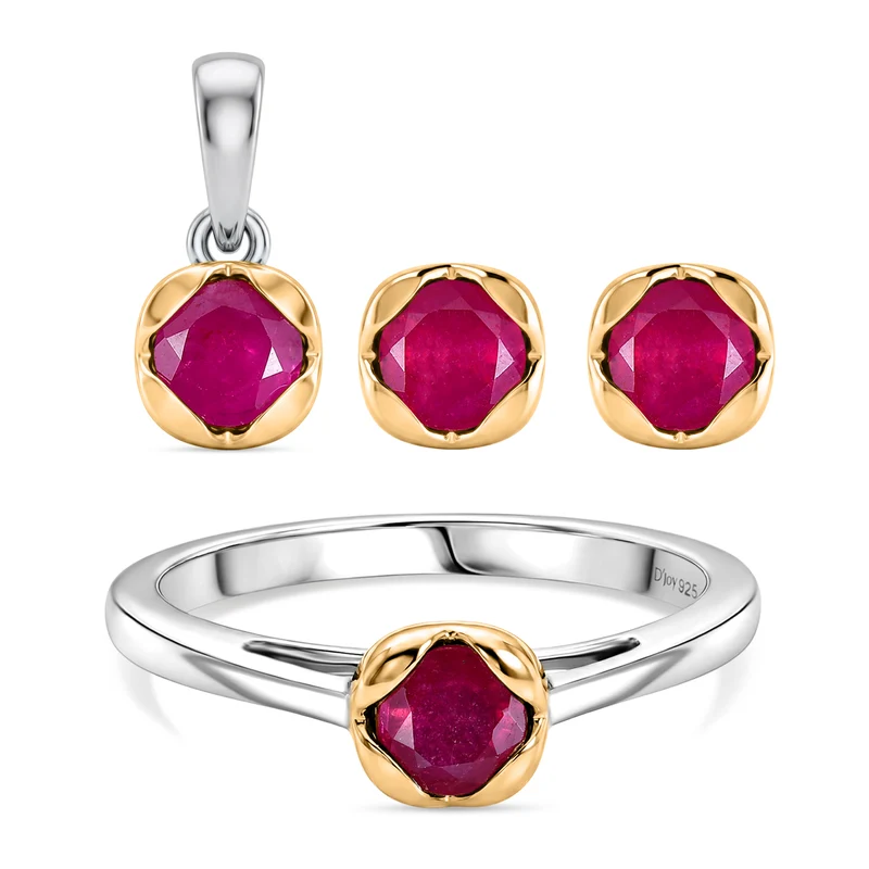D'Joy Afrikanischer Rubin (Fissure gefüllt) Schmuckset 925 Silber platiniert und vergoldet (Größe 19) ca. 2,28 ct.