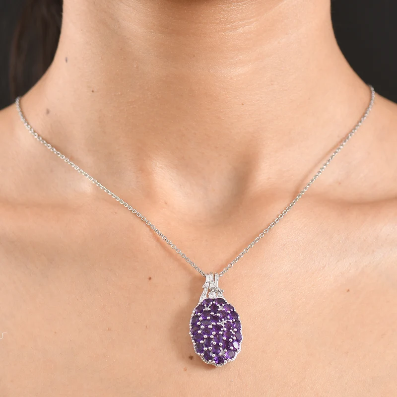 EverTrue afrikanischer Amethyst und Zirkon Cluster Anhänger mit 50cm Edelstahl-Kette, Bronze mit Platin-E-Beschichtung - 4,64 ct.