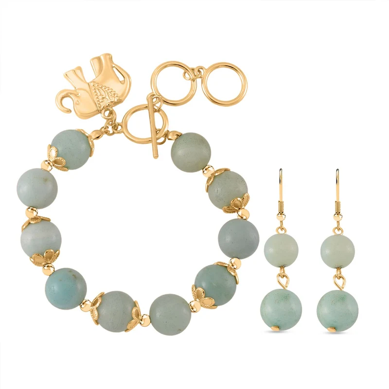 2er Set - Mehrfarbiger Amazonit Armband und Ohrringe, Reiner Edelstahl, vergoldet, ca. 185,00 ct.