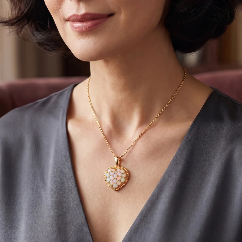 EverTrue natürlicher, äthiopischer Welo Opal Herz Cluster Anhänger mit 50cm Edelstahl Kette, Bronze mit Gelbgold E-Beschichtung - 1,76 ct.