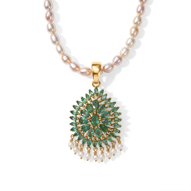 D'Joy AA Kagem sambischer Smaragd, Süßwasserperle und Zirkon Anhänger mit 50cm Kette, 925 Silber 750 Gelbgold Vermeil 9.61 ct
