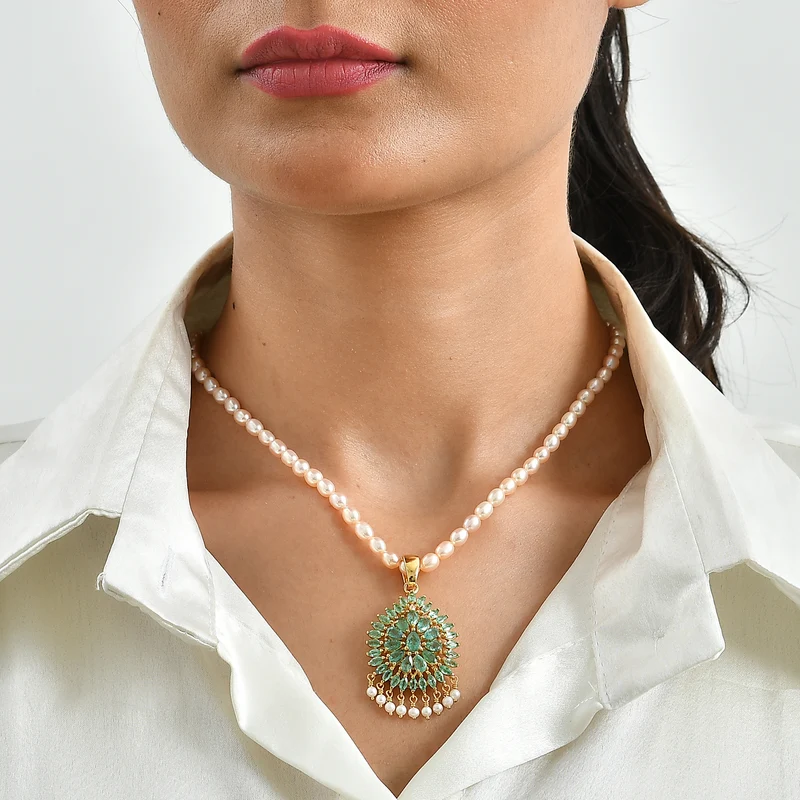 D'Joy AA Kagem sambischer Smaragd, Süßwasserperle und Zirkon Anhänger mit 50cm Kette, 925 Silber 750 Gelbgold Vermeil 9.61 ct
