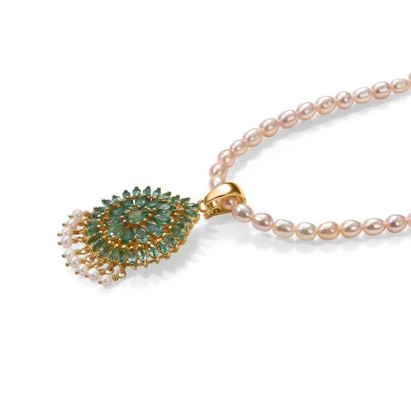 D'Joy AA Kagem sambischer Smaragd, Süßwasserperle und Zirkon Anhänger mit 50cm Kette, 925 Silber 750 Gelbgold Vermeil 9.61 ct