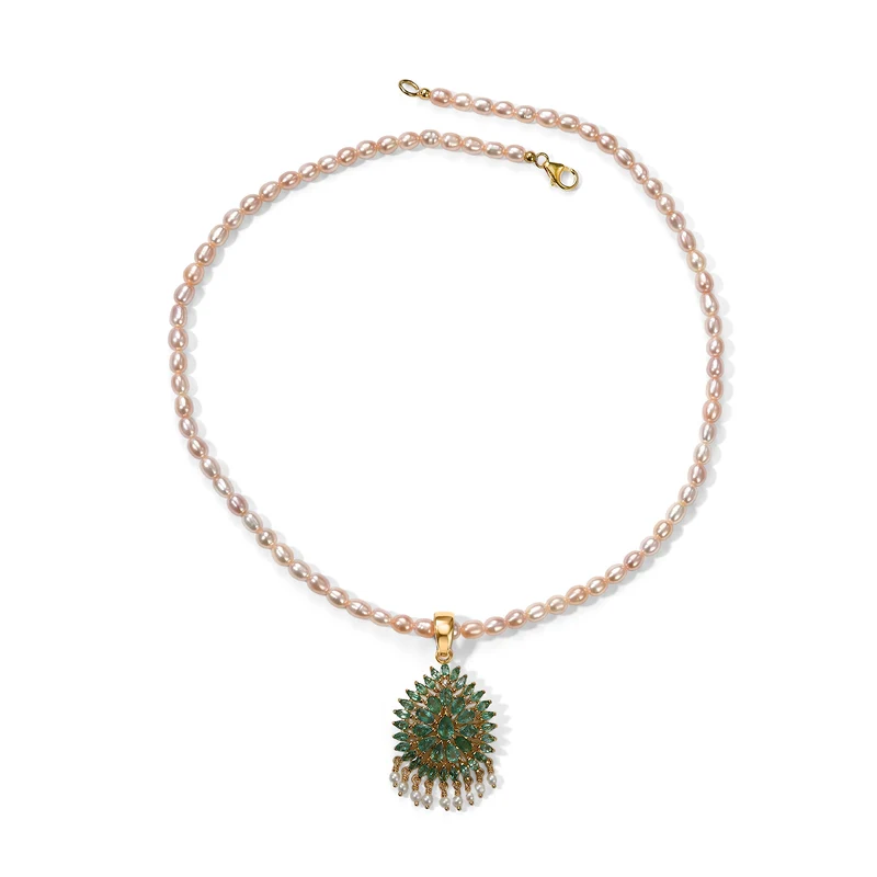 D'Joy AA Kagem sambischer Smaragd, Süßwasserperle und Zirkon Anhänger mit 50cm Kette, 925 Silber 750 Gelbgold Vermeil 9.61 ct