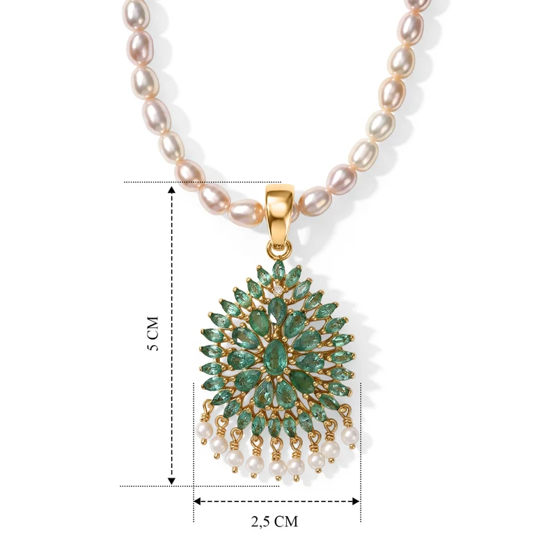 D'Joy AA Kagem sambischer Smaragd, Süßwasserperle und Zirkon Anhänger mit 50cm Kette, 925 Silber 750 Gelbgold Vermeil 9.61 ct
