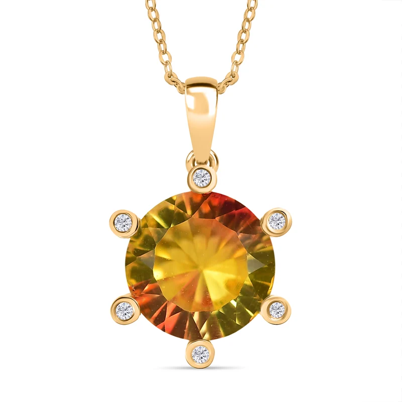 D'Joy Sphaleros Triplett Quarz und Zirkon Anhänger mit 50cm Kette, 925 Silber 750 Gelbgold Vermeil - 5,48 ct.