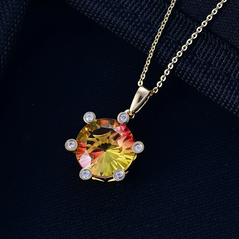 D'Joy Sphaleros Triplett Quarz und Zirkon Anhänger mit 50cm Kette, 925 Silber 750 Gelbgold Vermeil - 5,48 ct.