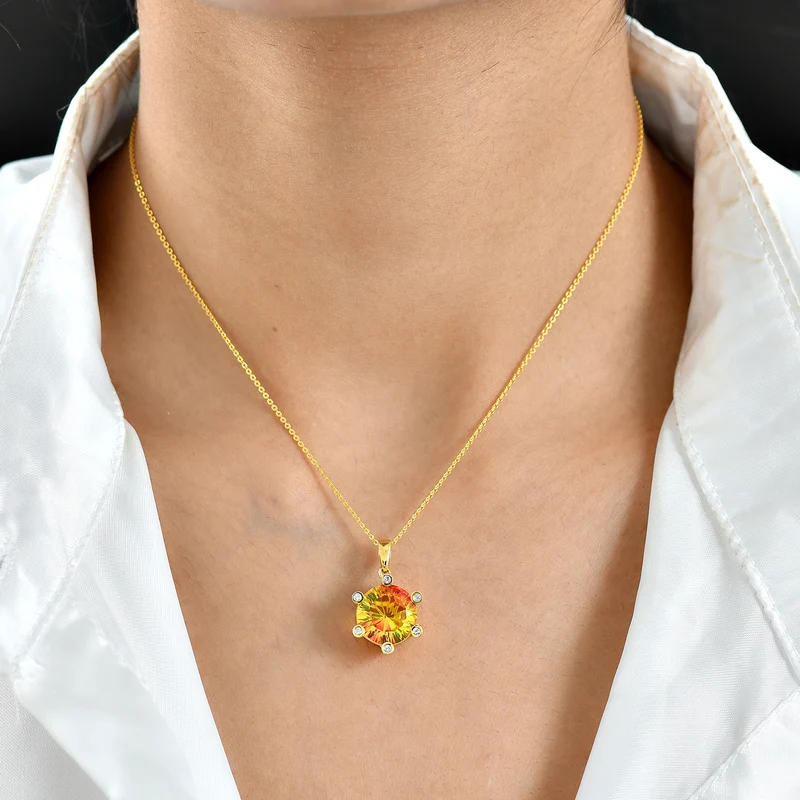 D'Joy Sphaleros Triplett Quarz und Zirkon Anhänger mit 50cm Kette, 925 Silber 750 Gelbgold Vermeil - 5,48 ct.