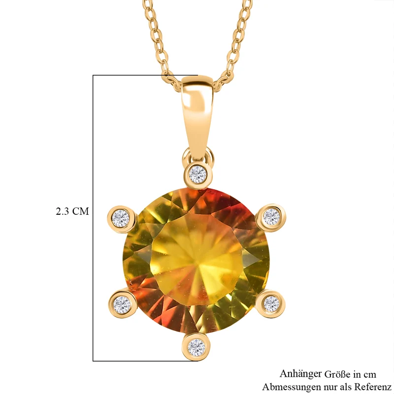 D'Joy Sphaleros Triplett Quarz und Zirkon Anhänger mit 50cm Kette, 925 Silber 750 Gelbgold Vermeil - 5,48 ct.