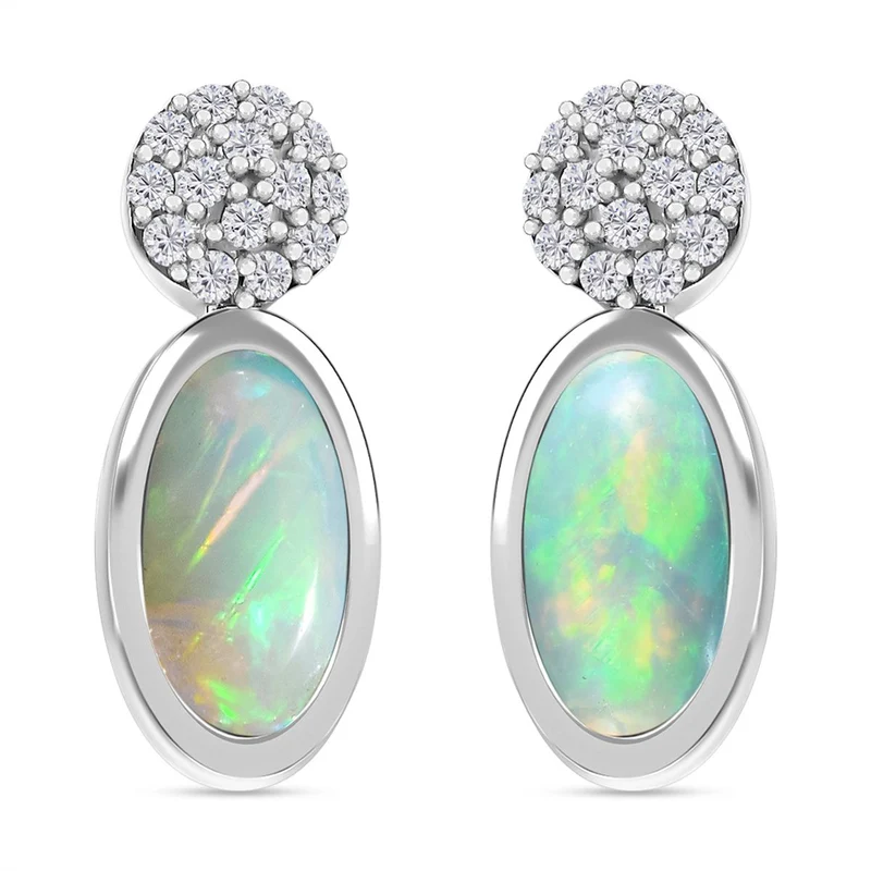 AA Natürlicher, äthiopischer Welo Opal, Weißer Zirkon Ohrringe 925 Silber rhodiniert ca. 2.11 ct