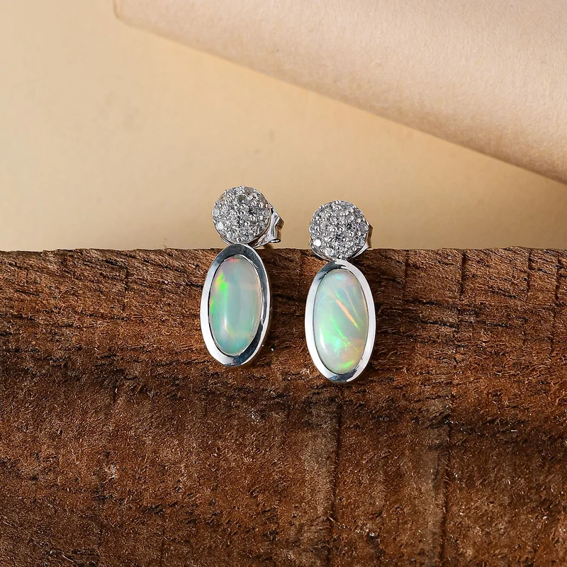 AA Natürlicher, äthiopischer Welo Opal, Weißer Zirkon Ohrringe 925 Silber rhodiniert ca. 2.11 ct